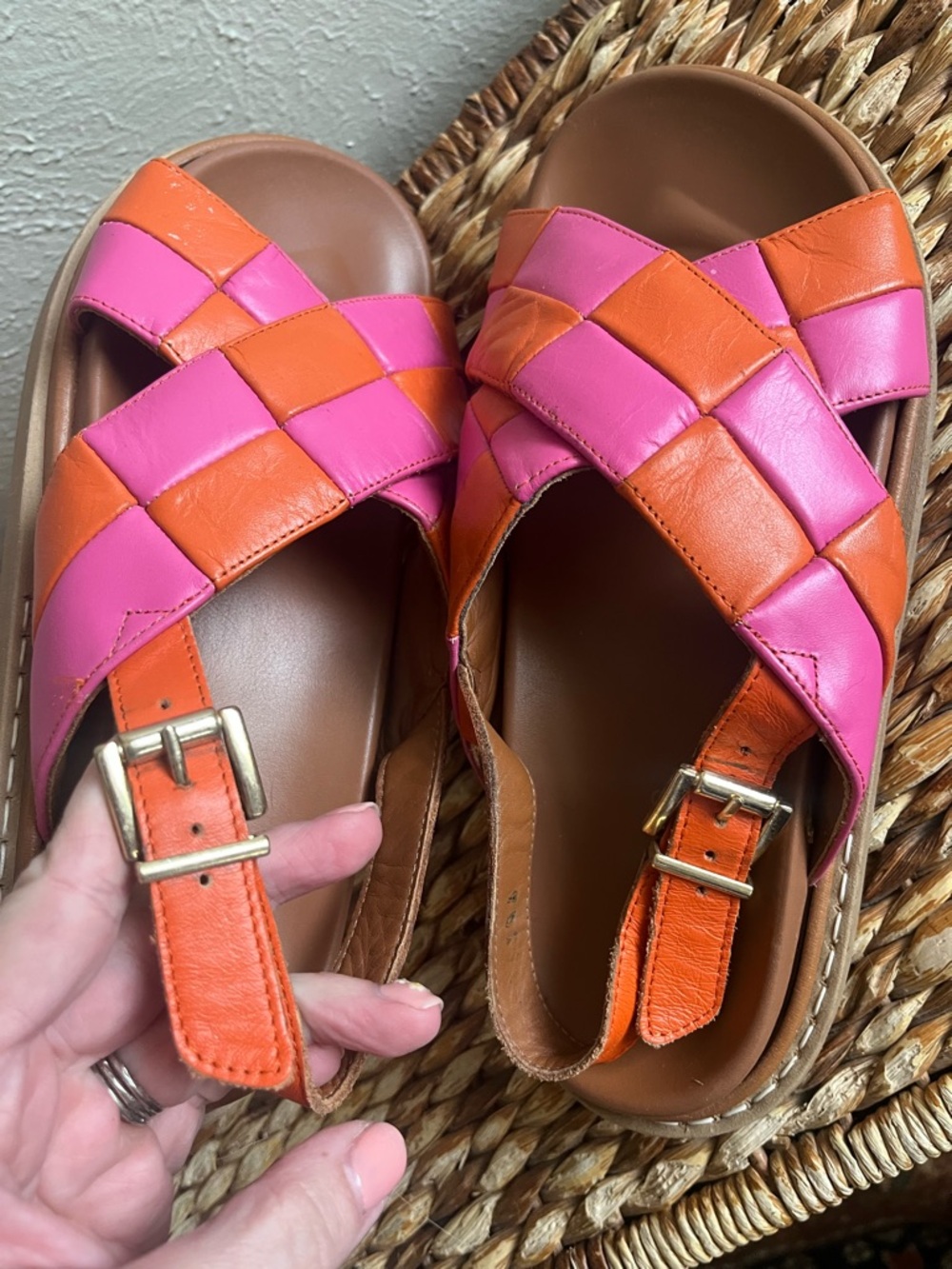 ALOHAS marshmallow scacchi leather sandals pomelo orange magenta woven 38 7.5 8 - Picture 8 of 9